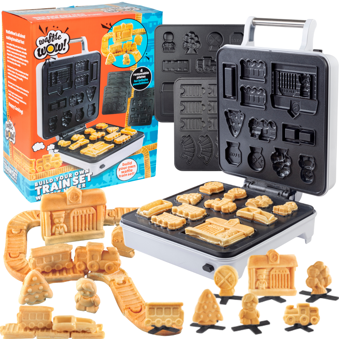 Cucinapro Train Set Waffle Maker - Build Waffle or Pancake Shaped Tracks, Cargo Cars, Signs, Station & More- Fun Family Breakfast for Kids, Electric